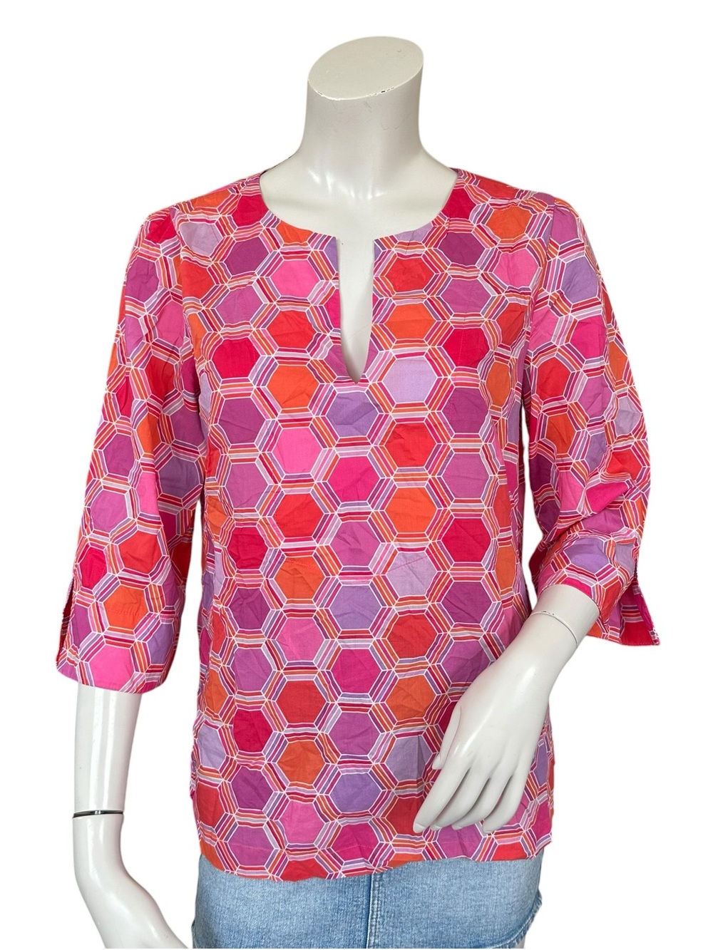 Lesley Evers Pink Purple Orange Geometric Honeycomb Print 3/4 Sleeve Tunic Small
